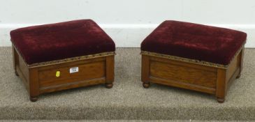 Pair Edwardian oak footstools with hinged tops upholstered in red velvet