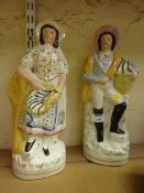 Pair of Victorian Staffordshire figures of a fisherman and fisher girl, 34cm