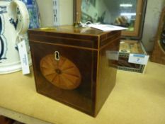 Late 18th Century cross banded mahogany and marquetry tea caddy, 11cm x 11cm