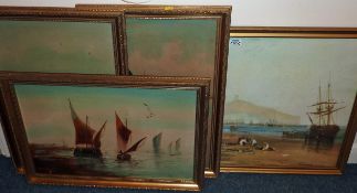 Fishing Boats off the Coast, set of three late 19th Century oils on boards signed T Mills and a