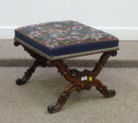 Victorian rosewood stool, X shaped stretch base with beadwork tapestry top, 56cm