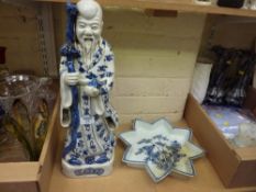 19th Century blue and white Chinese star shape dish and an Oriental pottery figure