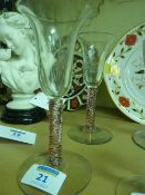 Pair early 20th Century wine glasses with bell shaped bowls and ruby twist stems, 15cm