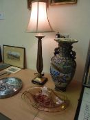 Table lamp, modern art glass centrepiece and a late 19th Century Oriental vase