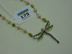 Peridot, pearl and marcasite dragonfly pendant stamped 925