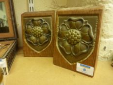 Pair of adzed oak bookends with Yorkshire Rose brass shields - made from oak of the 15th Century