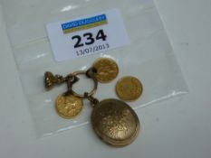 Victorian locket, three 1 dollar gold coins and a seal