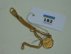 Loose mounted half sovereign on chain stamped 375 total approx 14.3gm
