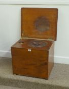 Rare Victorian mahogany portable patent commode fitted with pump action flush and blue and white