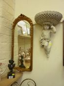 Bronzed Art Nouveau style bust, gilt frame wall mirror and a plaster cherub wall bracket