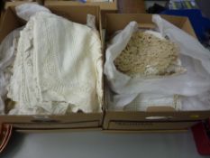 Assorted lace edged and other linen in two boxes