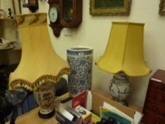 Oriental blue and white stick stand and two similar table lamps