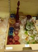 Set of six Stewart crystal wines, other crystal and coloured glassware in one box
