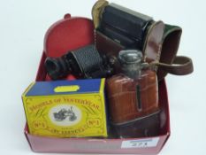 Zeiss Ikonta 520/18 camera cased, Zeiss monocular, hip flask, badges etc in one box