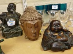 Bronzed laughing Buddha, erotic Buddha and carved far eastern head
