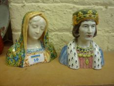 Pair of Continental Faience bust figures of a king and queen 19th/20th Century, 13cm