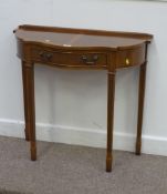 Reproduction yew wood serpentine side table, 82cm