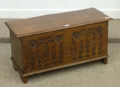 Victorian medium oak blanket box with carved frieze, 92cm