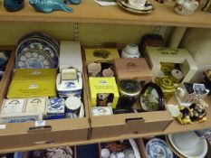 Ringtons novelty teapots, toy car money box and blue and white ceramics in two boxes