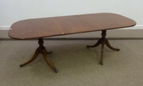 Regency style reproduction mahogany twin pedestal dining table with leaf and eight chairs, 158cm,