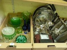 Coloured and other glassware, stainless steel, silver-plate etc in two boxes