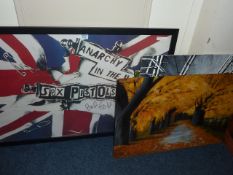 Sex Pistols poster signed by Paul Cook ,woodland scenes and three oils on board.