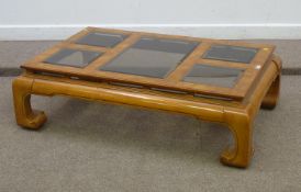 Walnut rectangular coffee table with inset glass panels, 130cm x 85cm
