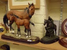 Mare and foal bisque sculpture and another equestrian sculpture