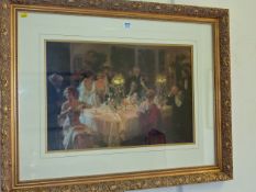 Edwardian interior scene print in ornate gilt frame.