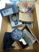 Group of four WWII military medals issued to B A Kay, cufflinks, cigarette lighter, Japanese notes
