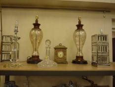 Three pairs of table lamps, ship's decanter and a mantle clock