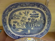 Victorian blue and white Willow Pattern meat dish, 50cm