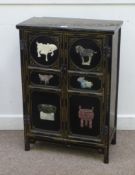 Oriental lacquered cabinet with carved relief animals, 61cm