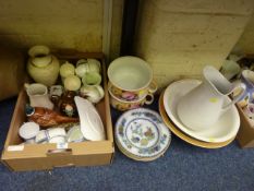 Pair of Edwardian rose pattern chamber pots, white jug and bowl and other ceramics in one box