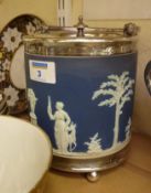 Victorian Wedgwood blue Jasperware biscuit barrel with silver-plated mounts