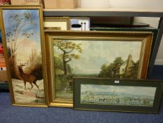 Edwardian landscape with stag, signed and dated 1903 and various hunting pictures and prints.