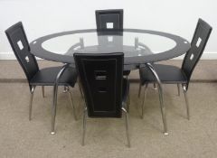 Oval chrome and glass dining table and four chairs, 153cm