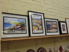 Three reproduction railway posters of Sandsend, Staithes and Robin Hoods Bay and two photographic