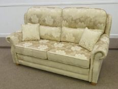 Three piece lounge suite in cream damask cover with complimentary arm covers and scatter cushions (