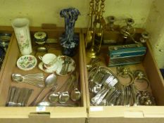 Old Roberts radio, fire irons, silver plate, glass ware and miscellanea in two boxes