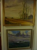 'Sunderland' Aircraft oil on board by Harry Beadnall, and a hunting scene oil on canvas by same
