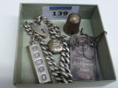 Two hallmarked silver ingots, curb chain bracelet stamped silver, thimble and locket on chain