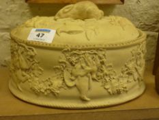 Victorian Wedgwood unglazed buff pottery game casserole dish and cover with original glazed liner,