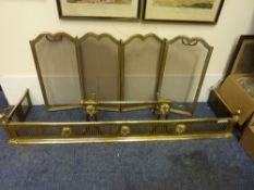 Edwardian brass fender matching fire dogs, and a spark guard and poker
