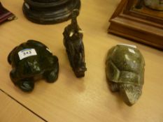 African carved green verdite stone frog, African carved opal stone tortoise and fruit stone carved