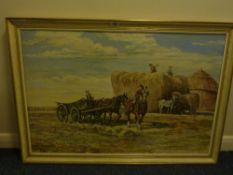 Harvest Field with Yorkshire Horse drawn Wagons, oil on canvas by Stanley Clark