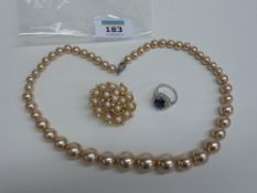 Pearl diamante brooch, pearl necklace and a dress ring stamped 925