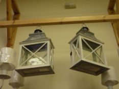 Pair of rectangular wood and alloy hanging lanterns