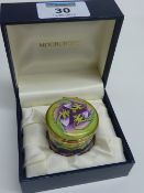 Moorcroft enamel lidded trinket box 'Violet' design 4cm boxed