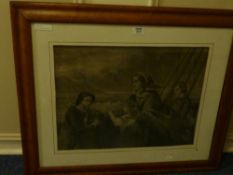Ship at Sea Victorian monochrome mezzotint in birdseye maple frame